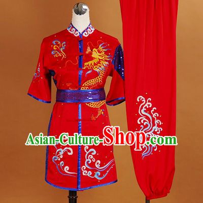 China Kung Fu Tai Ji Performance Red Suits Changquan Boxing Competition Embroidered Dragon Uniforms Martial Arts Garment Costumes
