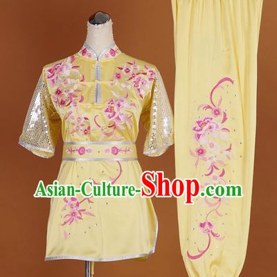 Chinese Kung Fu Tai Chi Performance Yellow Suits Martial Arts Short Sleeve Outfits Wushu Competition Garment Costume