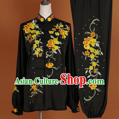 Chinese Martial Arts Long Sleeve Outfits Wushu Competition Embroidered Flowers Clothing Kung Fu Tai Chi Performance Black Suits