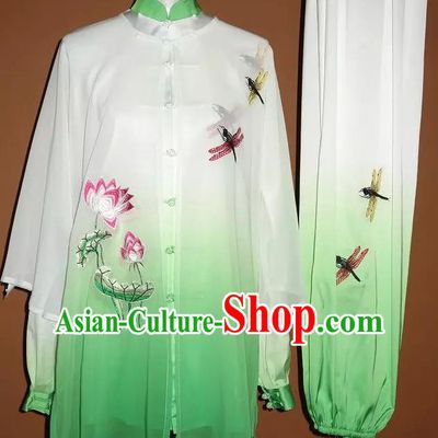 Chinese Kung Fu Tai Chi Performance Green Suits Martial Arts Outfits Wushu Competition Embroidered Lotus Clothing