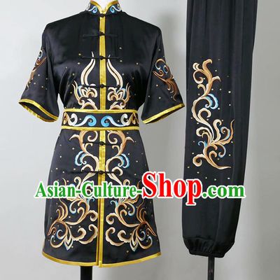 China Martial Arts Garment Costumes Kung Fu Tai Ji Performance Black Suits Changquan Boxing Competition Embroidered Uniforms