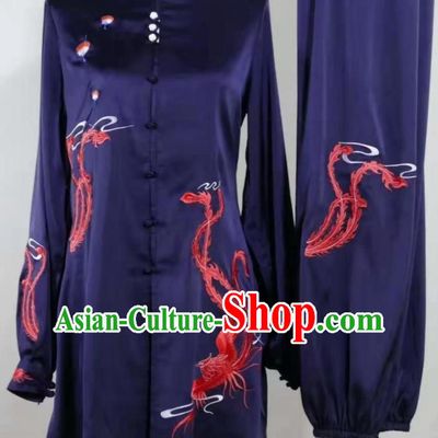 Chinese Wushu Competition Embroidered Phoenix Clothing Kung Fu Tai Chi Performance Suits Martial Arts Navy Outfits