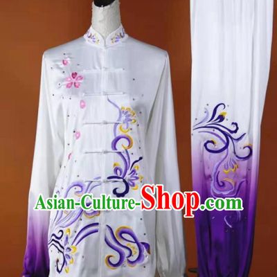 Chinese Kung Fu Tai Chi Performance Gradient Purple Suits Martial Arts Embroidered Outfits Wushu Competition Clothing