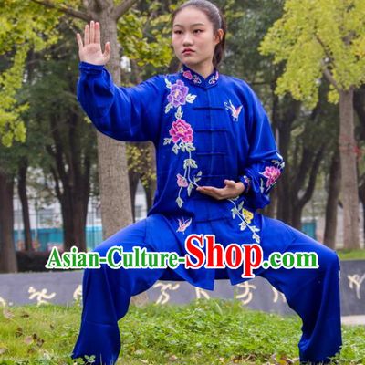 Chinese Martial Arts Competition Royalblue Outfits Kung Fu Tai Ji Embroidered Peony Clothing Tai Chi Sword Performance Suits