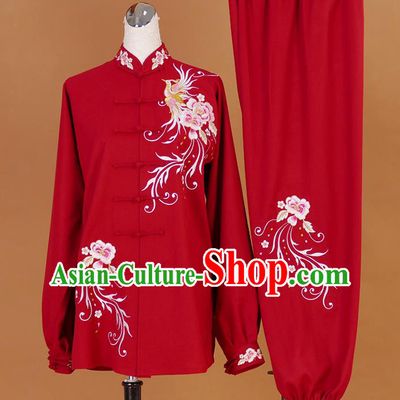 Chinese Martial Arts Competition Embroidered Phoenix Red Outfits Tai Ji Training Clothing Tai Chi Sword Performance Suits