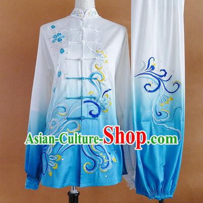Chinese Wushu Competition Clothing Kung Fu Tai Chi Performance Gradient Blue Suits Martial Arts Embroidered Outfits