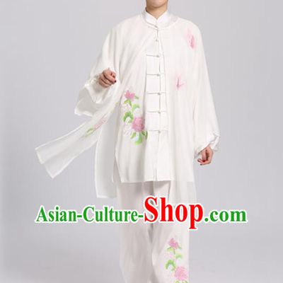 Chinese Kung Fu Tai Ji Training Clothing Tai Chi Competition White Suits Martial Arts Embroidered Chrysanthemum Outfits