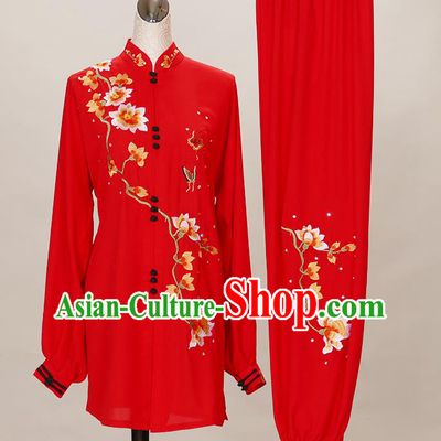 Chinese Kung Fu Wushu Competition Clothing Tai Chi Performance Red Suits Martial Arts Embroidered Mangnolia Outfits