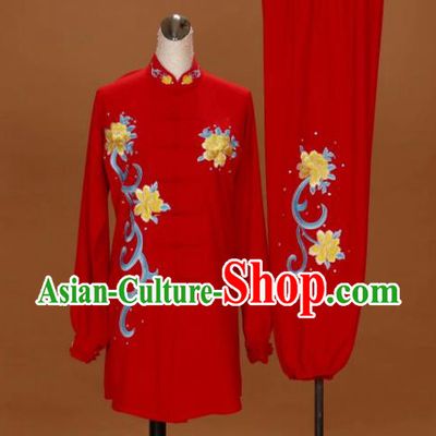Chinese Martial Arts Embroidered Peony Outfits Kung Fu Wushu Competition Clothing Tai Chi Performance Red Suits