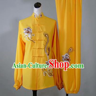 Chinese Tai Chi Performance Yellow Suits Martial Arts Embroidered Peony Outfits Kung Fu Wushu Competition Clothing