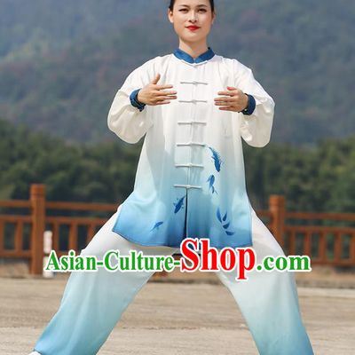 Chinese Tai Chi Group Performance Clothing Martial Arts Competition Garment Kung Fu Printing Fish Suits Tai Ji Chuan Gradient Blue Outfits