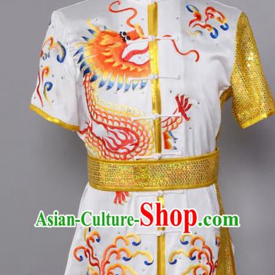 China Kung Fu Performance Suits Southern Boxing Garment Costumes Wushu Competition Embroidered Dragon White Uniforms Martial Arts Clothing