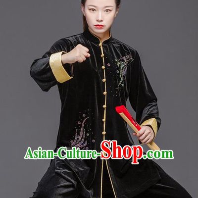 Chinese Tai Ji Performance Black Pleuche Outfits Tai Chi Clothing Martial Arts Garment Kung Fu Competition Suits
