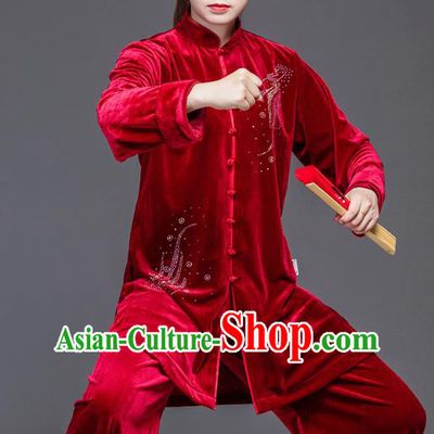 Chinese Kung Fu Competition Suits Tai Ji Performance Red Pleuche Outfits Tai Chi Clothing Martial Arts Garment