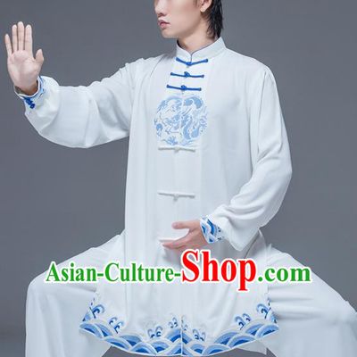 China Martial Arts Clothing Tai Ji Performance Embroidered White Suits Tai Chi Garment Costumes Wushu Training Uniforms