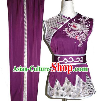 China Nanquan Boxing Training Suits Tai Chi Garment Costumes Wushu Kung Fu Purple Uniforms Martial Arts Embroidered Clothing