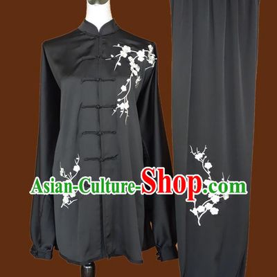 Chinese Tai Chi Garment Costume Kung Fu Wing Chun Competition Suits Martial Arts Embroidered Plum Black Outfits