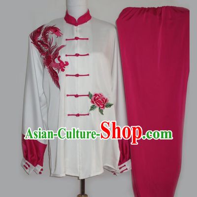 Chinese Martial Arts Embroidered Phoenix Rosy Outfits Tai Chi Garment Costume Kung Fu Tai Ji Competition Suits