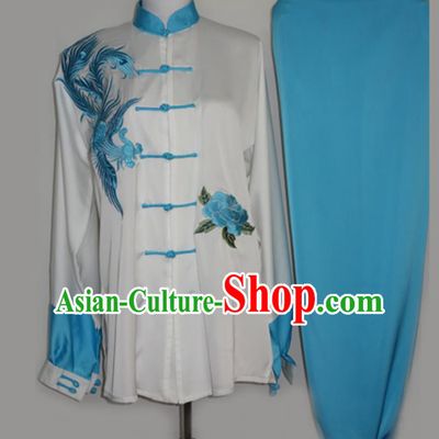 Chinese Kung Fu Tai Ji Competition Suits Martial Arts Embroidered Phoenix Blue Outfits Tai Chi Garment Costume
