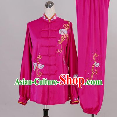 Chinese Tai Chi Competition Garment Costume Kung Fu Tai Ji Performance Suits Martial Arts Embroidered Butterfly Rosy Outfits