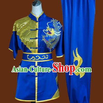 China Kung Fu Uniforms Wushu Kongfu Sequins Garment Costumes Martial Arts Embroidered Dragon Clothing Nanquan Boxing Training Royalblue Suits