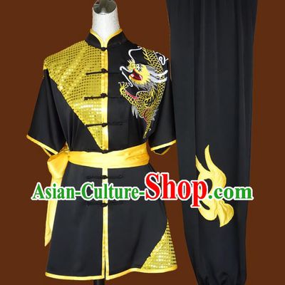 China Nanquan Boxing Training Black Suits Kung Fu Uniforms Wushu Kongfu Sequins Garment Costumes