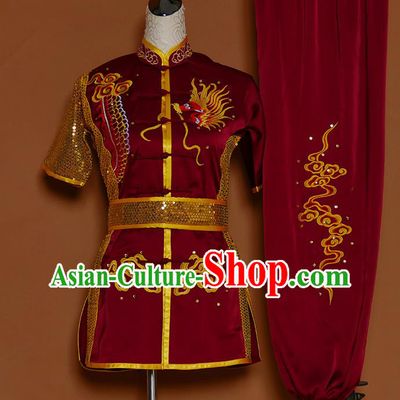 China Nanquan Boxing Training Wine Red Suits Kung Fu Competition Uniforms Wushu Kongfu Sequins Garment Costumes