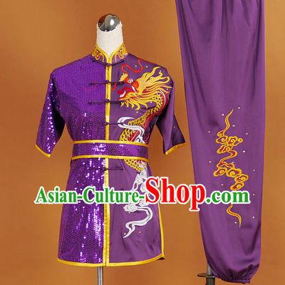 China Kung Fu Competition Purple Sequins Uniforms Wushu Kongfu Garment Costumes Nanquan Boxing Training Embroidered Suits