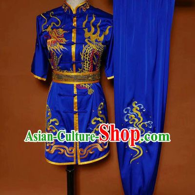 China Martial Arts Embroidered Dragon Garment Costumes Wu Shu Chang Boxing Suits Kung Fu Competition Royalblue Uniforms