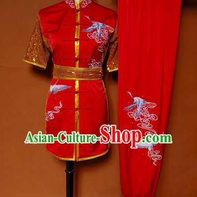 China Wu Shu Chang Boxing Embroidered Red Suits Kung Fu Uniforms Martial Arts Competition Garment Costumes