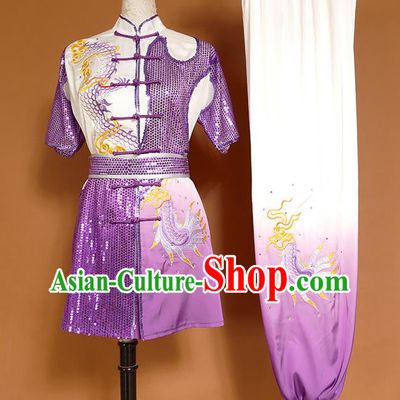 China Kung Fu Competition Purple Uniforms Martial Arts Garment Costumes Wu Shu Chang Boxing Embroidered Dragon Suits