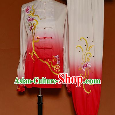Chinese Kung Fu Tai Chi Performance Suits Martial Arts Embroidered Peony Red Outfits Wushu Competition Garment Costume