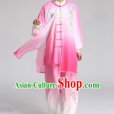 China Tai Chi Training Embroidered Clothing Kung Fu Performance Rosy Outfits Martial Arts Tai Ji Competition Suits