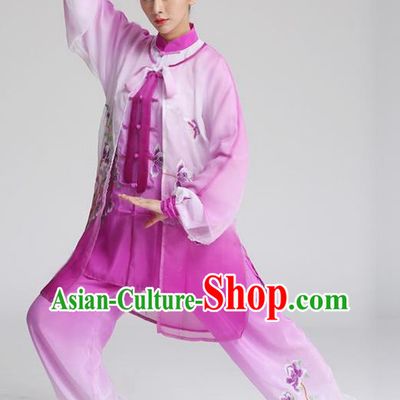 China Tai Chi Training Clothing Kung Fu Competition Outfits Martial Arts Tai Ji Embroidered Mangnolia Butterfly Purple Suits
