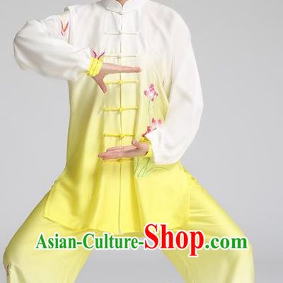 China Kung Fu Competition Outfits Martial Arts Tai Ji Embroidered Lotus Yellow Suits Tai Chi Training Clothing