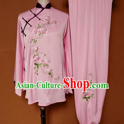 China Tai Chi Group Competition Pink Outfits Tai Ji Sword Performance Suits Martial Arts Kung Fu Embroidered Flowers Clothing
