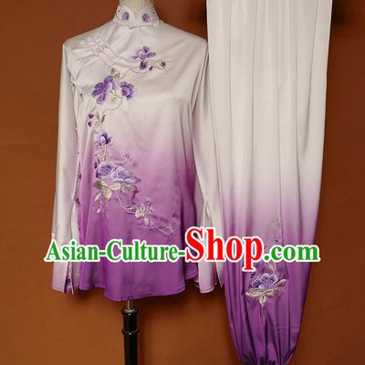 China Martial Arts Kung Fu Embroidered Flowers Clothing Tai Chi Group Competition Purple Outfits Tai Ji Sword Performance Suits