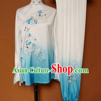 China Tai Ji Sword Performance Suits Martial Arts Kung Fu Embroidered Flowers Clothing Tai Chi Group Competition Blue Outfits