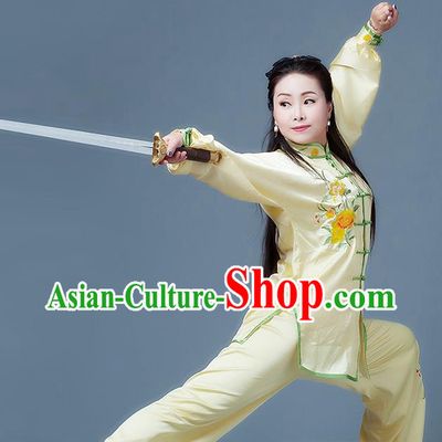 China Tai Chi Competition Yellow Outfits Tai Ji Sword Performance Suits Martial Arts Kung Fu Embroidered Peony Clothing