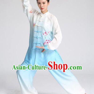 China Tai Ji Training Embroidered Lotus Blue Suits Tai Chi Martial Arts Clothing Kung Fu Competition Outfits