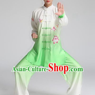 China Kung Fu Competition Outfits Tai Ji Training Embroidered Lotus Green Suits Tai Chi Martial Arts Clothing