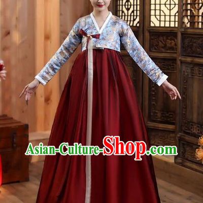 Korean Court Blue Blouse and Wine Red Dress Asian Korea Dance Outfits Traditional Wedding Dress Ancient Bride Garment Costumes