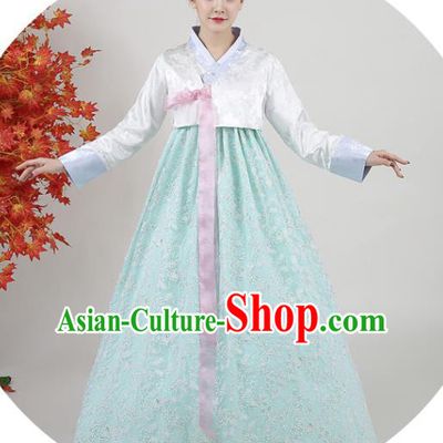 Asian Korea Ancient Bride Garment Costumes Korean Court Hanbok White Blouse and Green Dress Classical Dance Outfits Traditional Wedding Dress