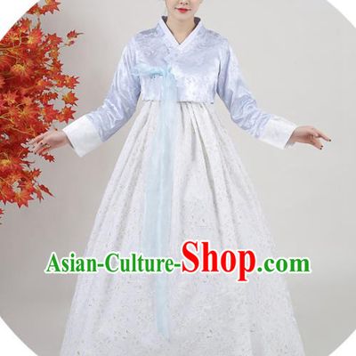 Asian Korea Classical Dance Outfits Traditional Wedding Dress Ancient Bride Garment Costumes Korean Court Hanbok Blue Blouse and White Dress