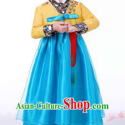 Asian Traditional Hanbok Clothing Korea Girl Birthday Embroidered Yellow Blouse and Blue Dress Korean Children Performance Garment Costumes