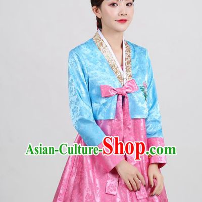 Asian Korean Ancient Court Garment Costumes Embroidered Blue Blouse and Pink Dress Traditional Wedding Hanbok Uniforms Korea Dance Clothing