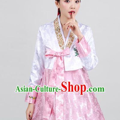 Asian Korea Embroidered White Blouse and Pink Dress Traditional Wedding Hanbok Uniforms Dance Clothing Korean Ancient Court Garment Costumes