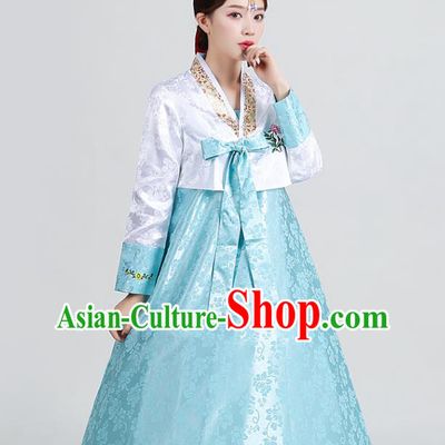 Asian Korea Traditional Wedding Hanbok Uniforms Dance Clothing Korean Ancient Court Garment Costumes Embroidered White Blouse and Blue Dress