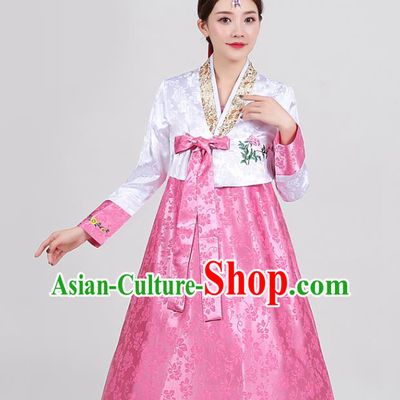 Korean Dance Clothing Ancient Court Garment Costumes Asian Korea Embroidered White Blouse and Rosy Dress Traditional Wedding Hanbok Uniforms