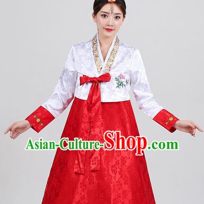 Korean Traditional Wedding Hanbok Uniforms Dance Clothing Ancient Court Garment Costumes Asian Korea Embroidered White Blouse and Red Dress